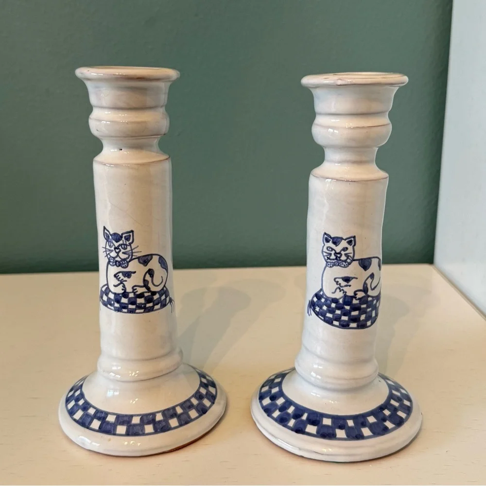 Vintage Blue & White Handpainted Pottery Candlesticks (Set of 2) Cat Checkers